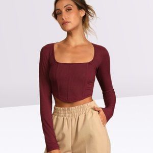 House of Harlow 1960 Wine Long Sleeve Rib Ponte Knit Corset CropTop Sweater M